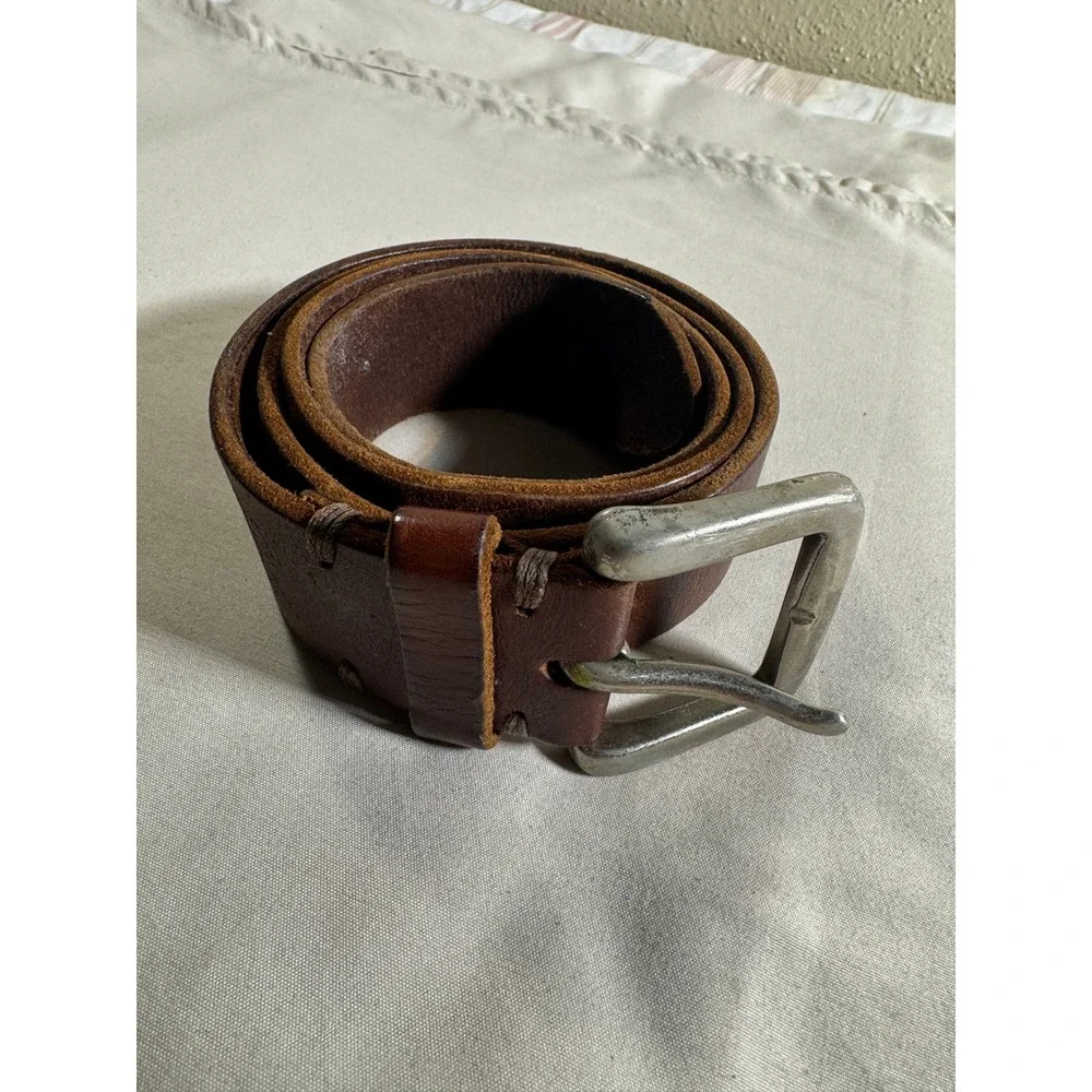 American Eagle Mens Brown Leather Belt Distressed Silver Buckle Workwear Casual